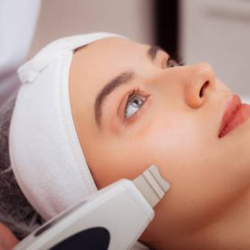 Beauty treatment. Beautiful attractive woman having a facial procedure while visiting a beauty clinic